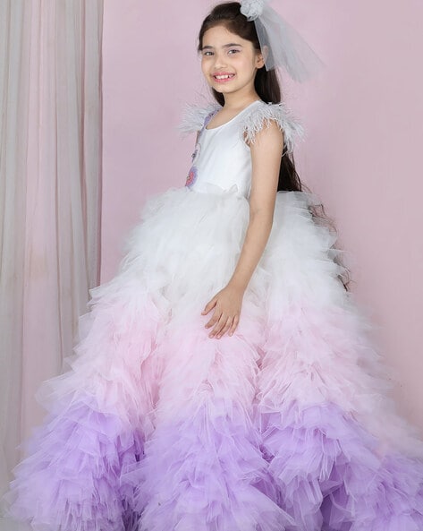 THE LONDON STORE Baby Girl's Peach Floral Sleeveless Tulle Feather Party  Kids Long Tail Frocks (Peach, 10-Years) : Amazon.in: Clothing & Accessories