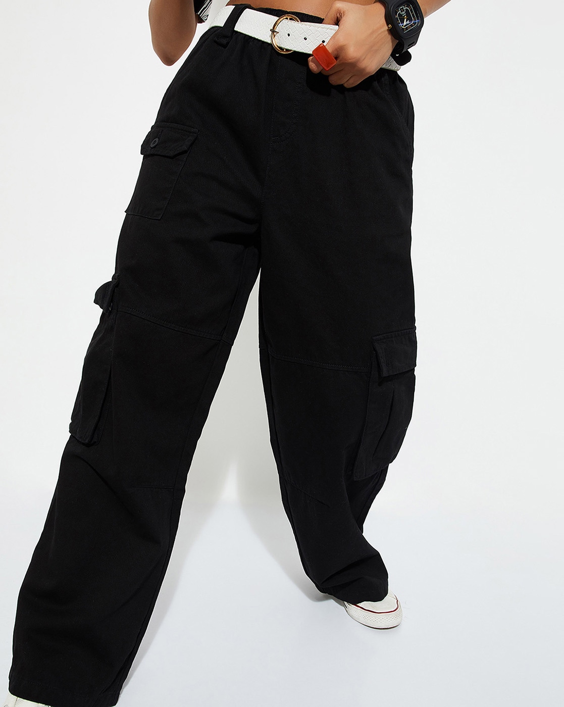 URB_N Women Solid Wide Leg Cargo Trousers