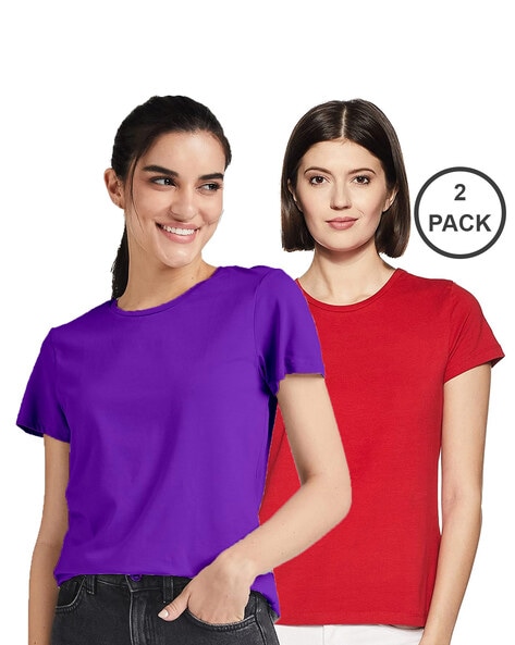 COLOR CAPITAL Women Pack of 2 Slim Fit Round-Neck Tops