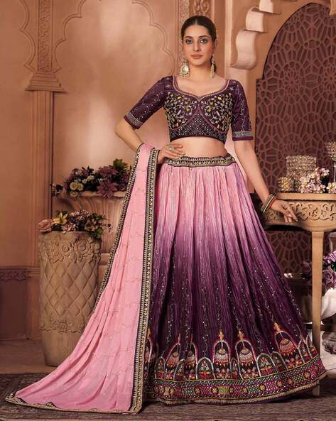 Buy Purple Chinon Lehenga Choli with Embroidery Work At KHUSHKAR – Khushkar