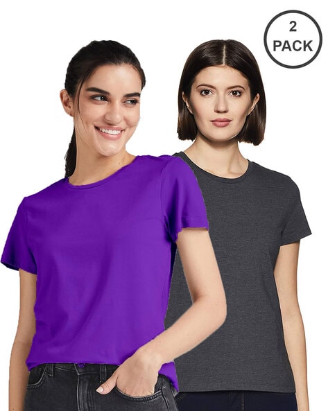 COLOR CAPITAL Women Pack of 2 Slim Fit Round-Neck Tops