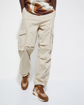 Men's Beige Parachute Pants Baggy Elasticized Waistband