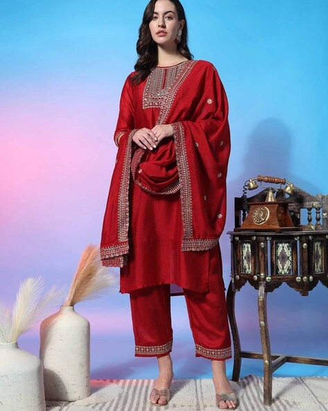 Women Embroidered Straight Kurta Set with Dupatta Price in India