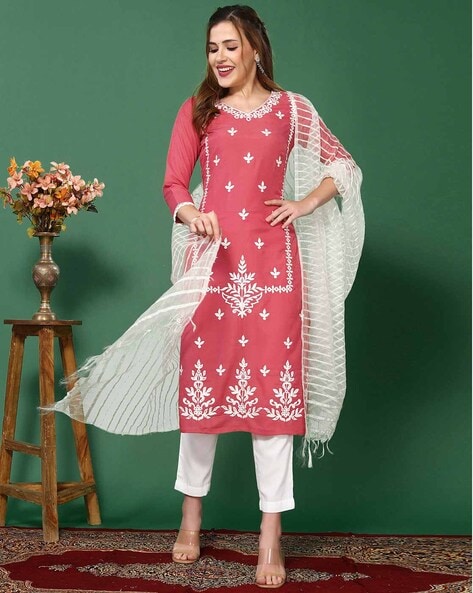 Women Embroidered Straight Kurta with Pants & Dupatta Price in India
