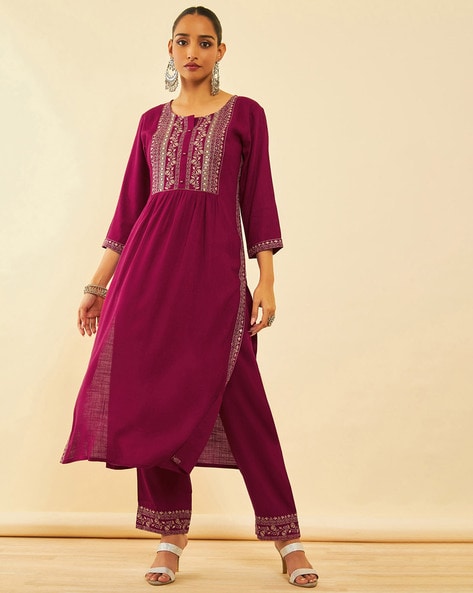 Women Flared Kurta Set & Dupatta with Embroidery Price in India