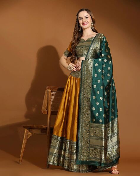 Semi Stitched Pure Kanjeevaram Yellow And Blue Silk With Zari Lehenga –  Chandler Fashions