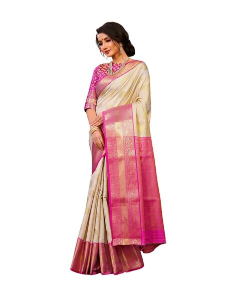 6 M ( With Blouse Piece) Printed White Banarasi Contrast Border Silk Saree  at Rs 1950 in Varanasi