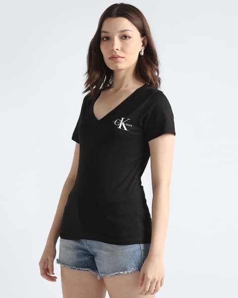 売れ筋商品|||カルバンクライン Tシャツ レディース トップス MONOLOGO V NECK TEE 2 PACK - Basic T-shirt - black/bright white Buy Black & White Tshirts for Women by Calvin Klein Jeans