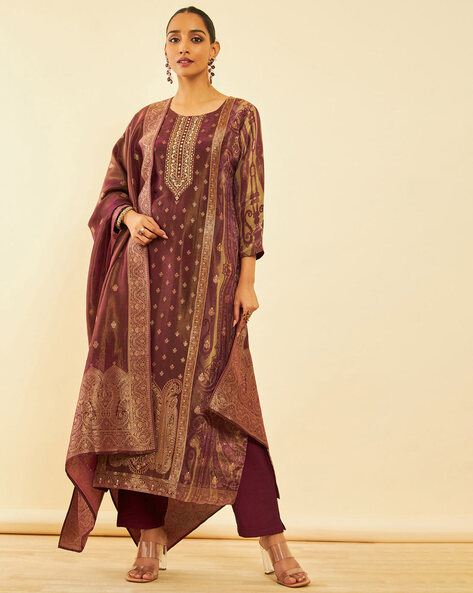 Women Embellished Straight Kurta with Pants & Dupatta Price in India