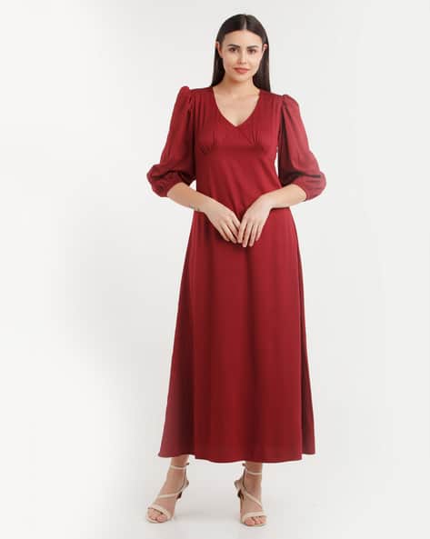 Zink London Women Fit & Flare Dress with Puff Sleeves