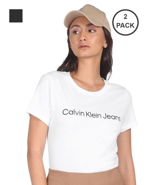 Calvin Klein Jeans Women Pack of 2 Logo Print Slim Fit Round-Neck T-Shirts