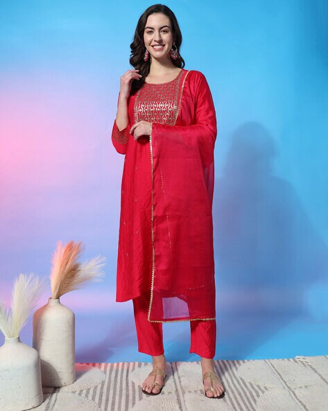 Women Embellished Straight Kurta Set with Dupatta Price in India