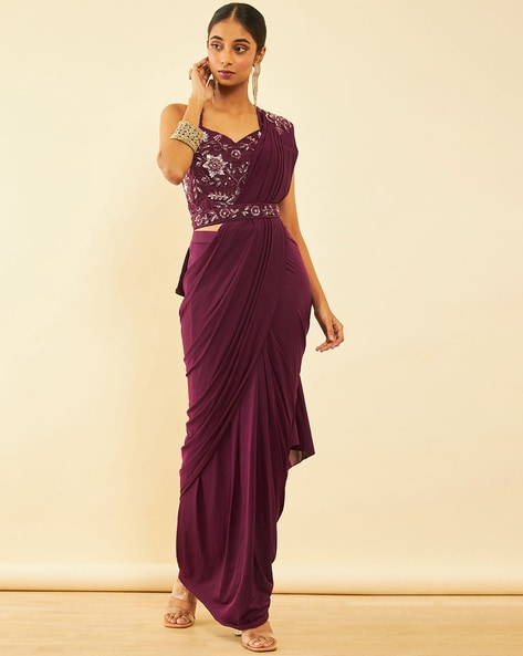 Shop Grey Spandex Ready-To-Wear Saree with Beadwork Blouse Sarees Online at  Soch India