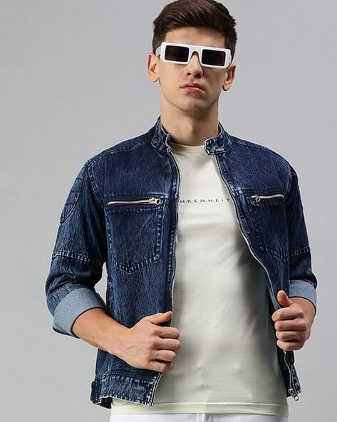 Men Lightly Washed Denim Jacket with Zip-Front