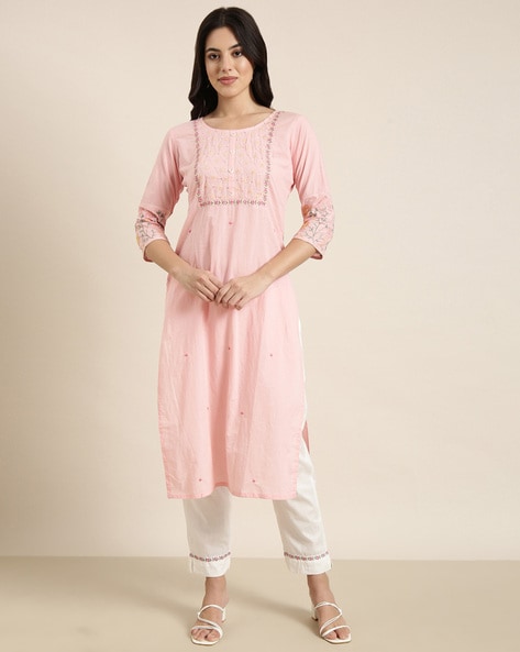 Women Embroidered Straight Kurta with Pants Price in India
