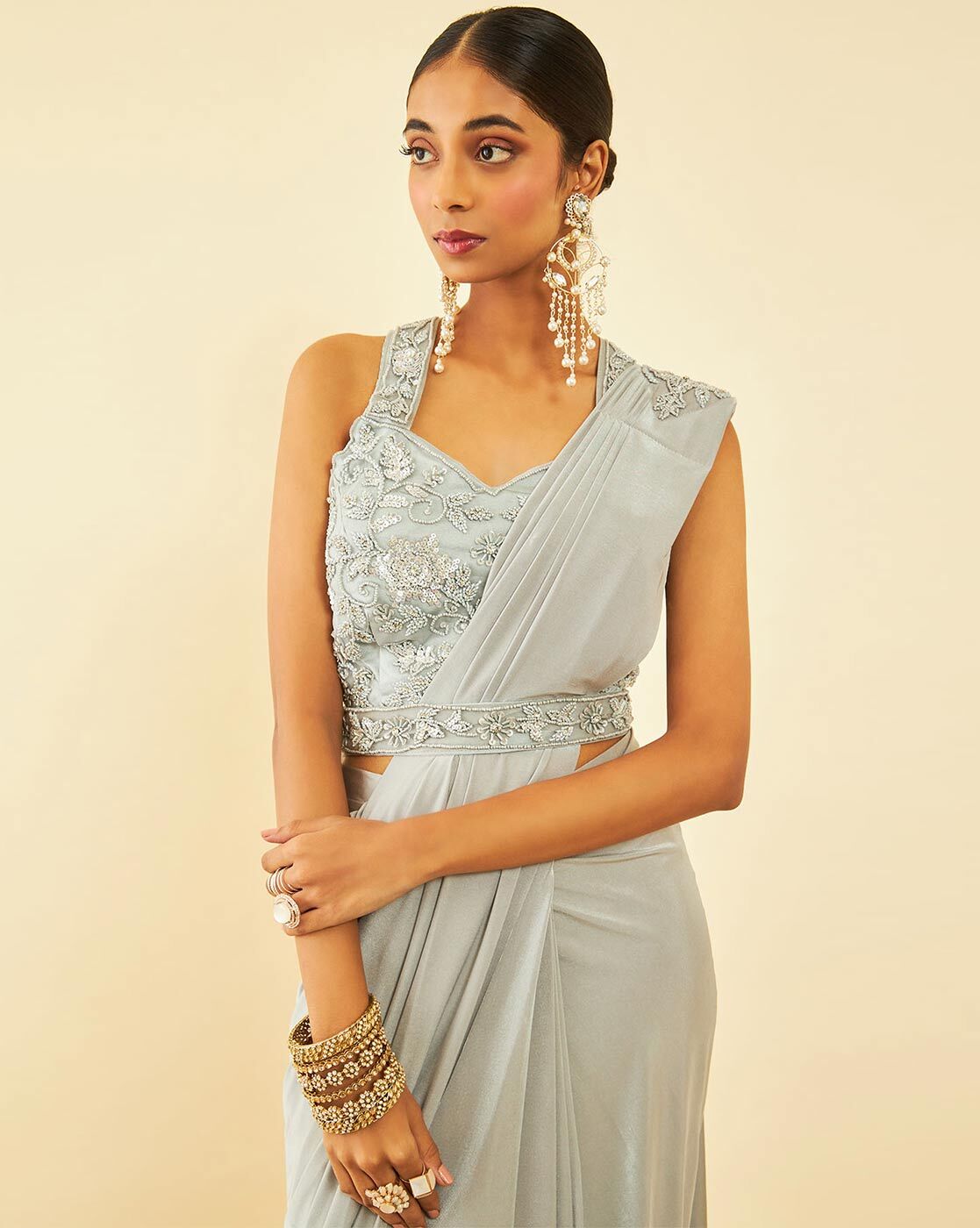 Shop Grey Spandex Ready-To-Wear Saree with Beadwork Blouse Sarees Online at  Soch India