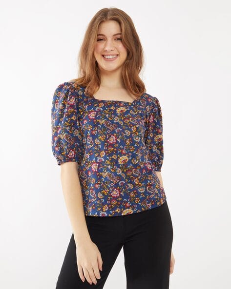 Zink London Graphic Print Top with Short Sleeves