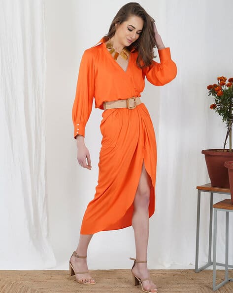 orange dress with belt Sleeveless Crepe Mini Dress With Belt And Front Pockets