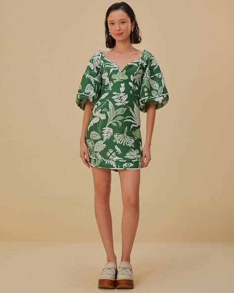 forest soul green short sleeve mini dress Farm Rio Women's Forest Soul Linen Mini Dress - Green - Size XS