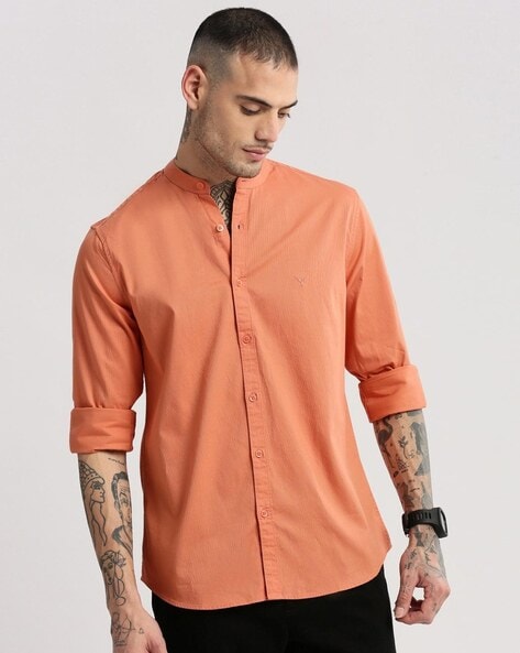 Men Slim Fit Shirt with Band Collar