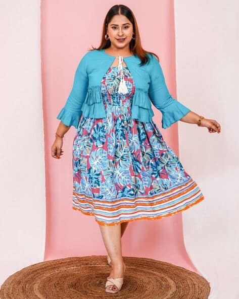 Women Leaf Print A-Line Dress with Jacket