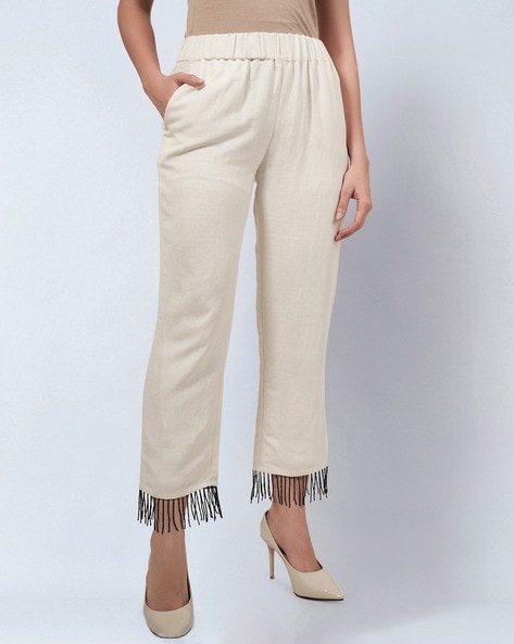 Laces Embellished Cotton Trouser – White – BGT40 - Silk Avenue Pakistan