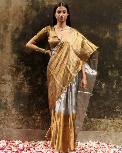 Buy Black & Silver Zari Woven Party Wear Banarasi Silk Saree Online |  Samyakk