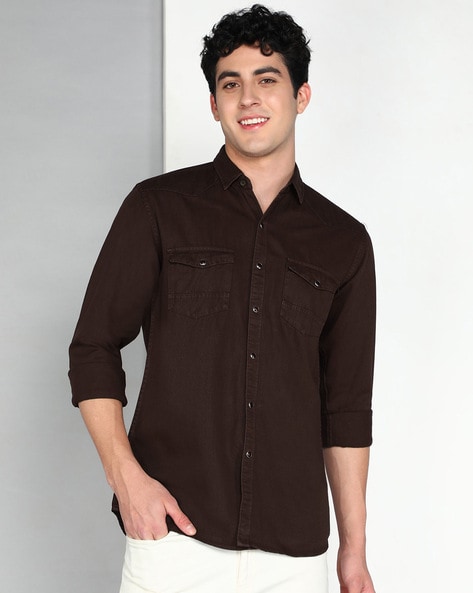 Men Slim Fit Shirt with Spread Collar