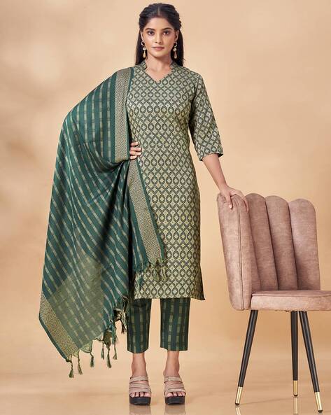 Women Geometric Woven Straight Kurta Set with Dupatta Price in India