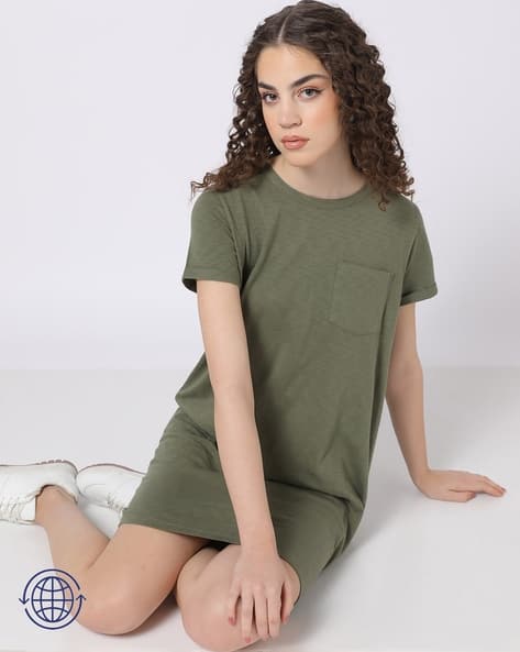 Women Round-Neck T-Shirt Dress with Patch Pocket