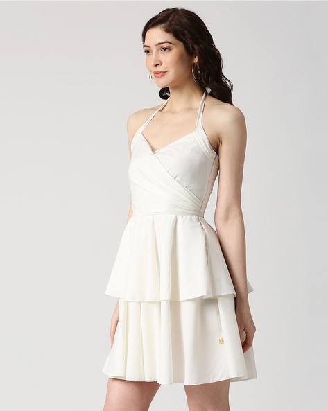 Buy White Ponte Roma Plain Round Cutwork Frill Backless Dress For Women by  Deepika Arora Online at Aza Fashions.