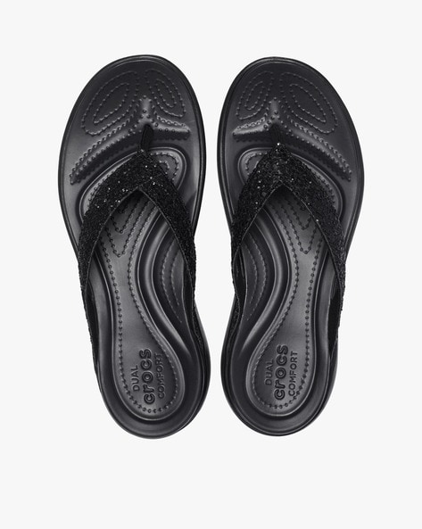 Ladies black croc flip flops online