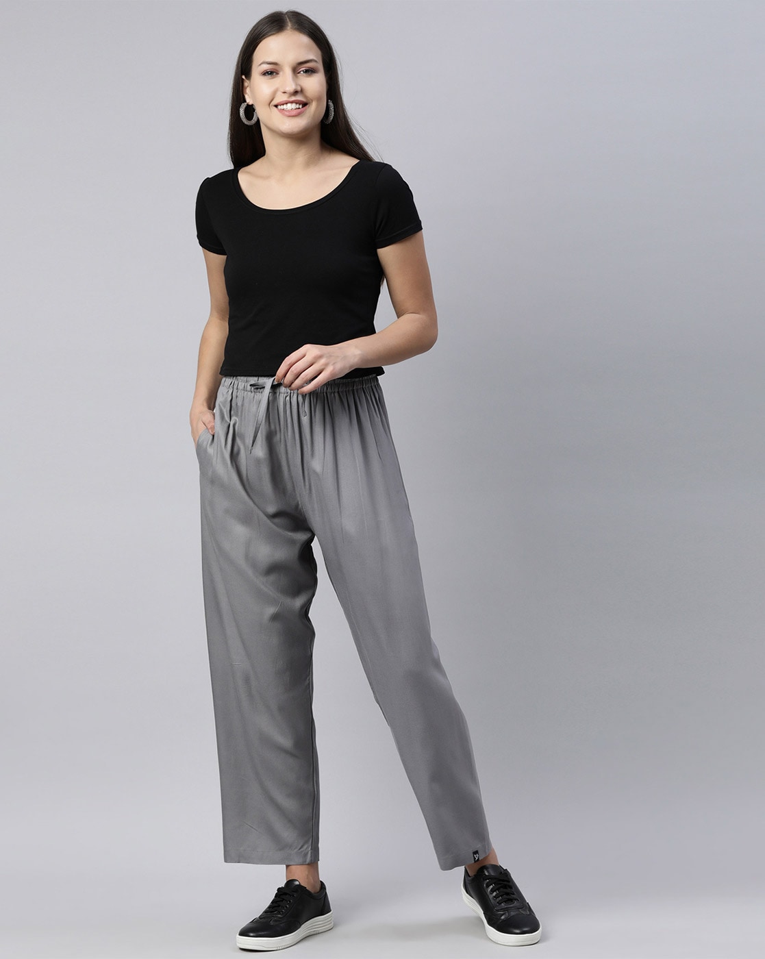 Oyster grey herringbone linen flat-front Women Trousers | Sumissura