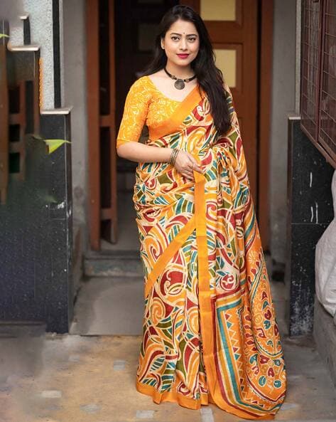 Galliano Yellow Woven Banarasi Crepe Silk Saree – MySilkLove