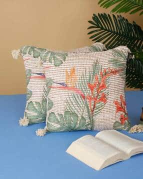 Set of 2 Printed Cotton Cushion Covers with Tassels 16" x 16"