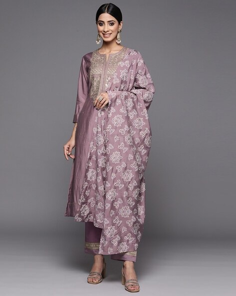 Women Embroidered Straight Kurta with Pants & Dupatta Price in India