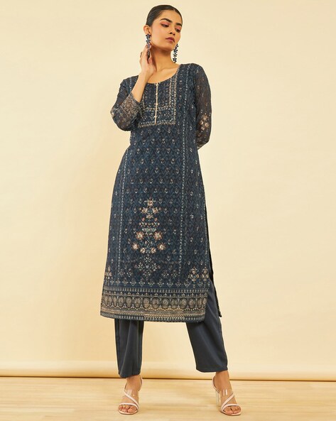 Women Embroidered A-Line Kurta Set Price in India