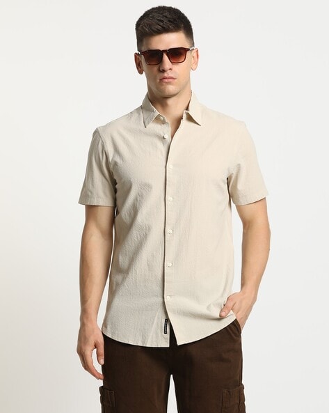 Men Regular Fit Shirt with Spread Collar