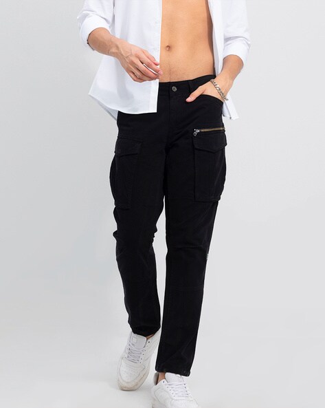 Black slim fit cuffed cargo trousers | River Island