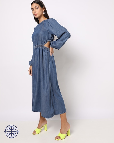 Dark Wash Pleated Puff Sleeve Denim Dress | Lime Lush