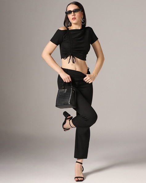 V-Neck Crop Top with Pants Co-Ord Set