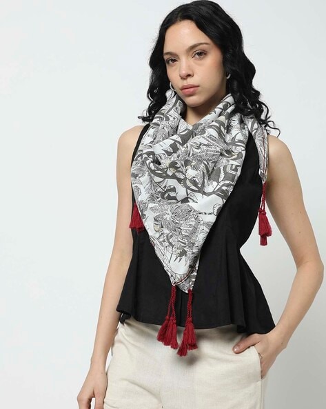 Women Floral Print Stole with Tassels Price in India