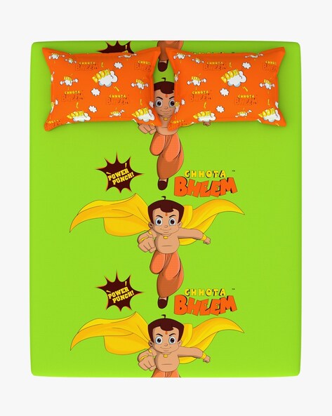 120 TC Chota Bheem Print Double Size Bedsheet with Pillow Covers