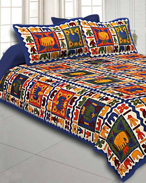 Jaipur Fabric 240TC Geometric Print Double Bedsheet with Pillow Covers