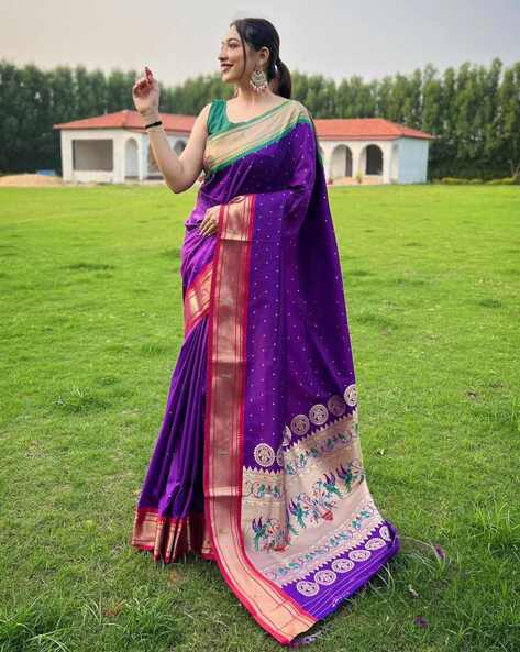 Traditional Silk Saree With Contrast Blouse & Embellished Border- purple  colour – Vpnam