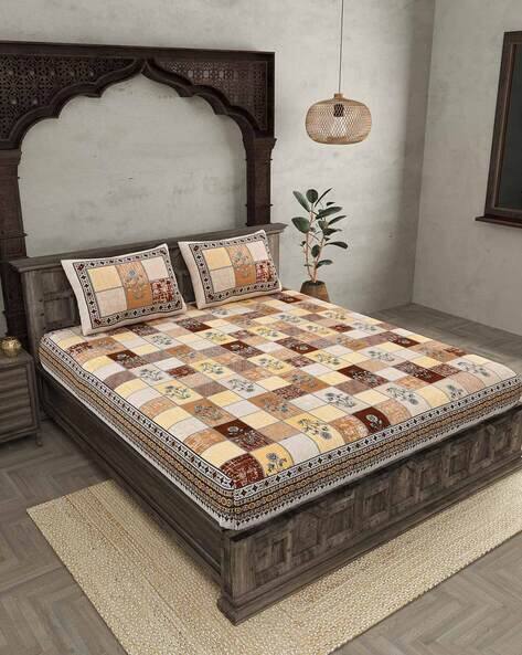Jaipur Fabric Checked Double Bedsheet with Pillow Covers