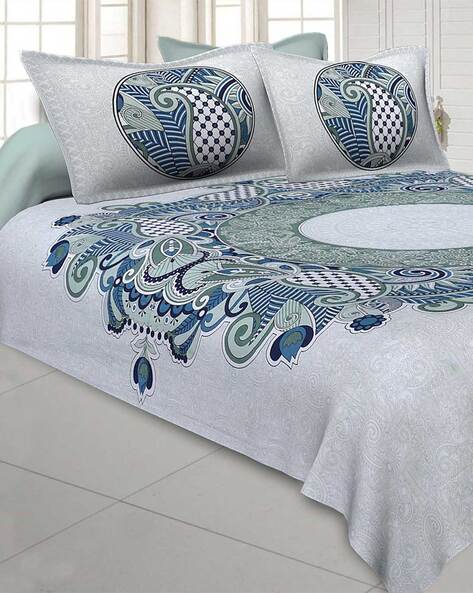 Signature Fountain Fitted Design Double Bed Sheet 100% Cotton King Size Set  of 3 ( 1 Double Bed Sheet + 2 Pillow Covers)