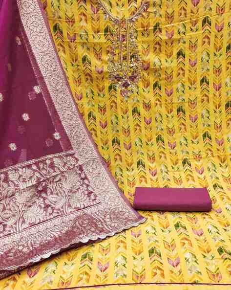 Embroidered Unstitched Top Bottom Dress Material with Dupatta Price in India