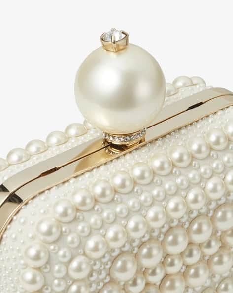 ★JIMMY CHOO★ MICRO CLOUD PEARL RHJ White Suede Clutch Bag with All-Over Pearl Embellishment