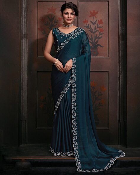 Simple Silk Embroided Navy Blue Saree with Printed Yellow Blouse – Suvidha  Fashion